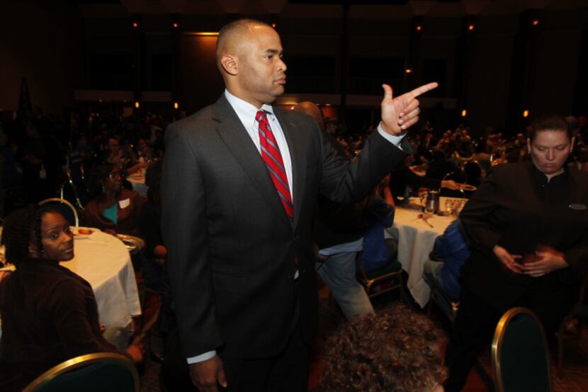 Congressional candidate Marc Veasey looks at election results at the Dallas County...
