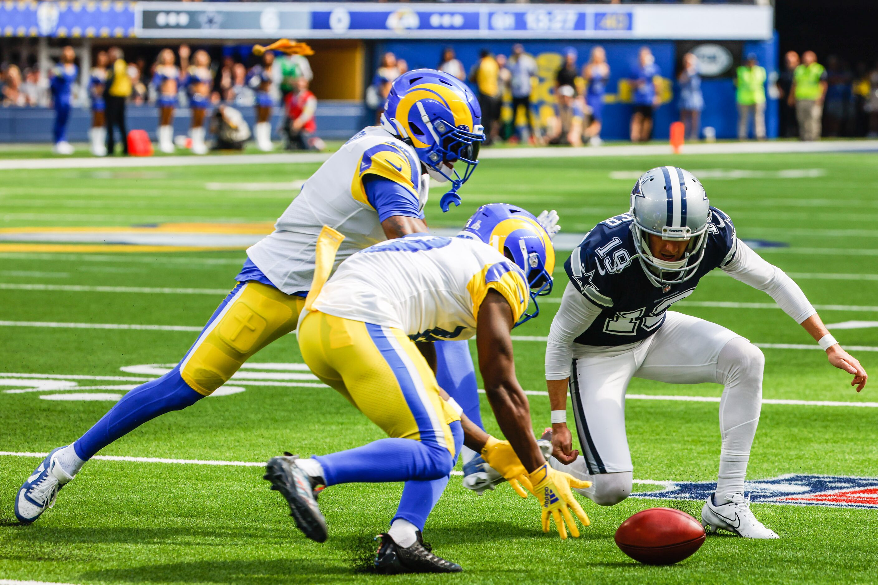 Dallas Cowboys placekicker Brett Maher (190 misses the ball for a kick as Los Angeles Rams...