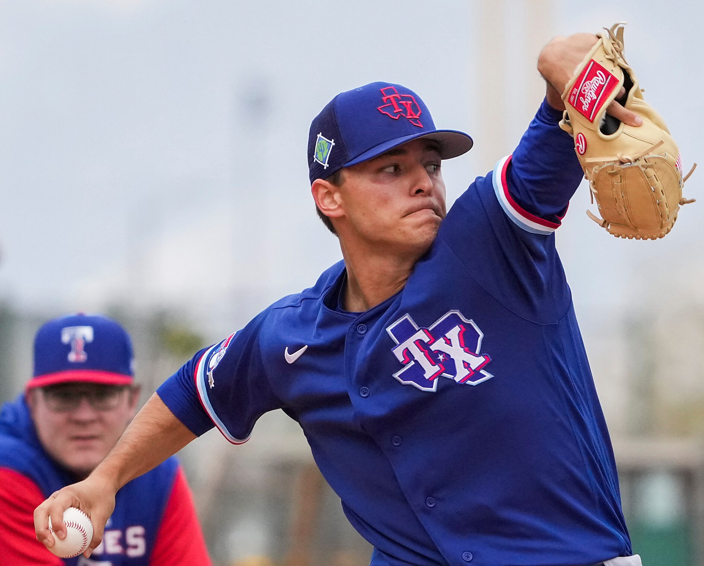 Texas Rangers pitcher Jack Leiter throw in a bullpen session a during a minor league spring...