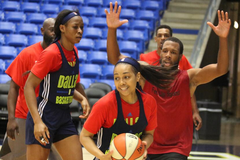 Dallas Wings guard Allisha Gray, center, is pictured during Dallas Wings training camp at...