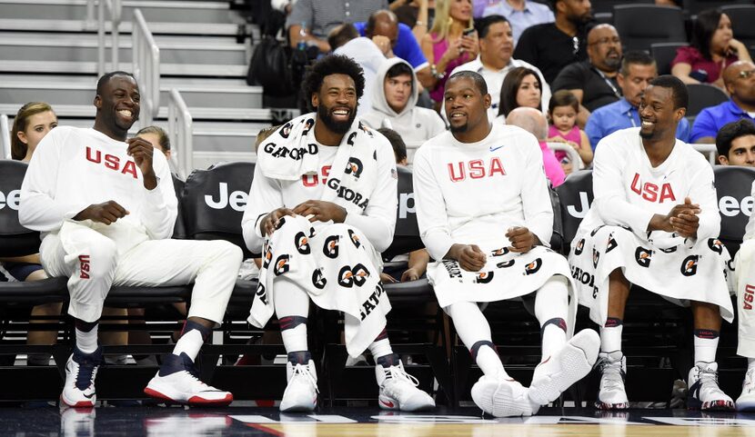 LAS VEGAS, NV - JULY 22:  (L-R) Draymond Green #14, DeAndre Jordan #6, Kevin Durant #5 and...