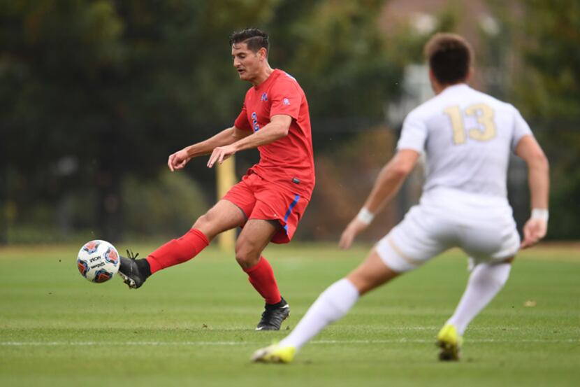 Jordan Cano, #2 with the ball, in action for the Mustangs of SMU