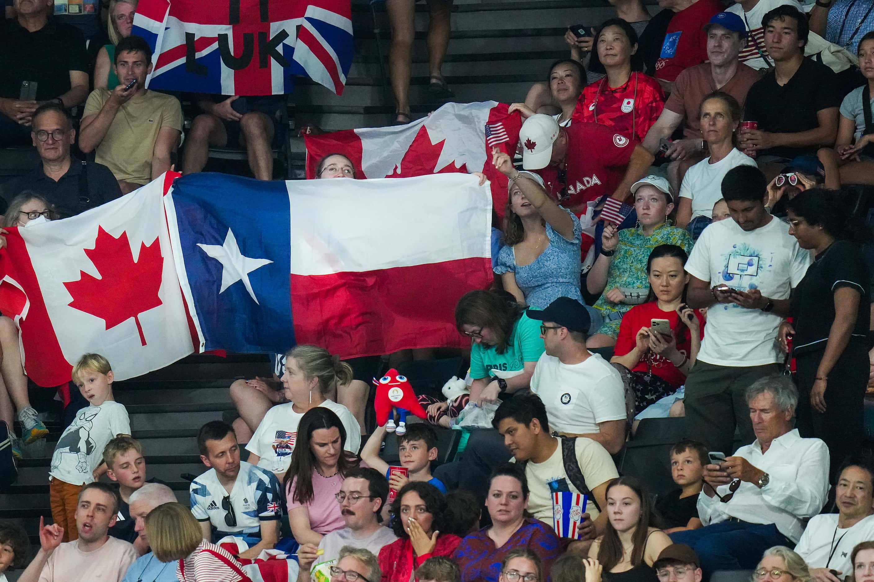 A spectator holds up a Texas flag during the men’s gymnastics team final at the 2024 Summer...