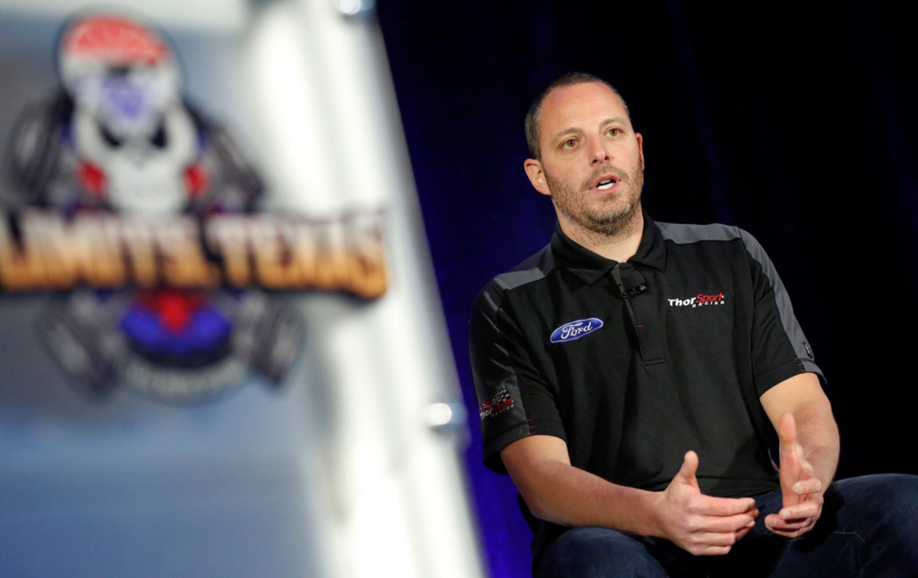 NASCAR Truck Series driver Johnny Sauter answers questions onstage during Media Day at Texas...