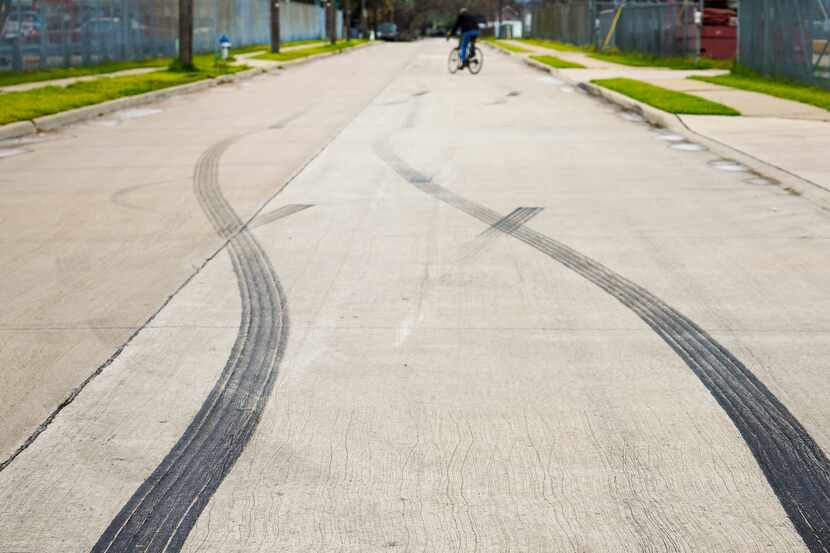 Skid marks are seen in the 1400 S. Henderson Avenue on Monday, March 9, 2020, in Dallas. DPD...