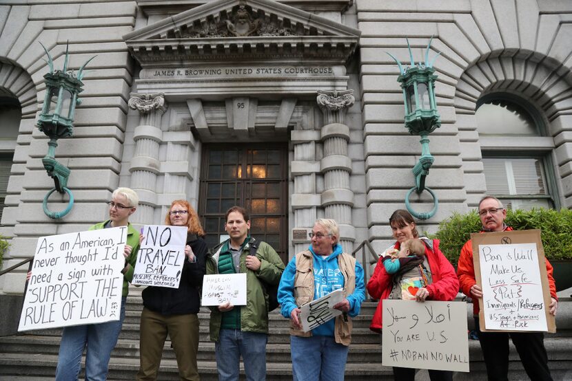 Demonstrators were on hand Tuesday outside the 9th U.S. Circuit Court of Appeals in San...