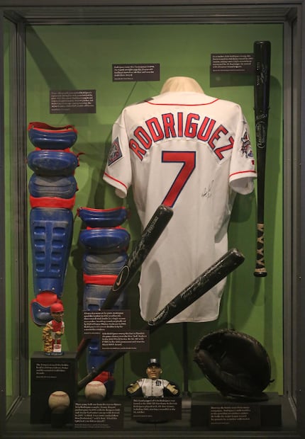 A look at the display of Pudge Rodriguez items at the Baseball Hall of Fame in Cooperstown,...