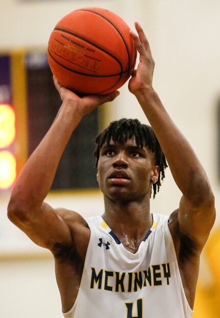 McKinney High School Ja'Kobe Walter (4) shoots a free throw in the second half at McKinney...