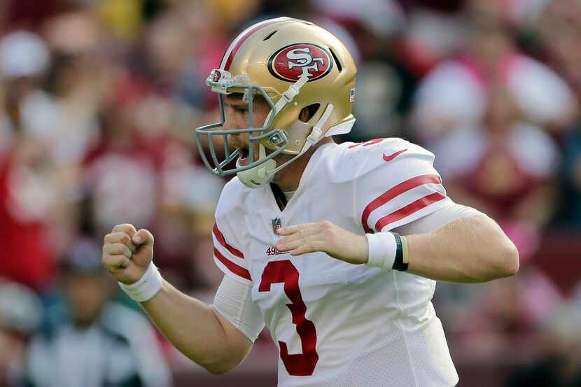 FILE - In this Oct. 15, 2017, file photo, San Francisco 49ers quarterback C.J. Beathard...