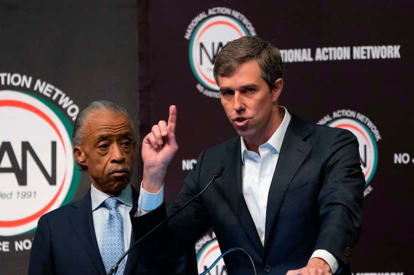 Presidential candidate Beto O'Rourke spoke next to the Rev. Al Sharpton during a gathering...