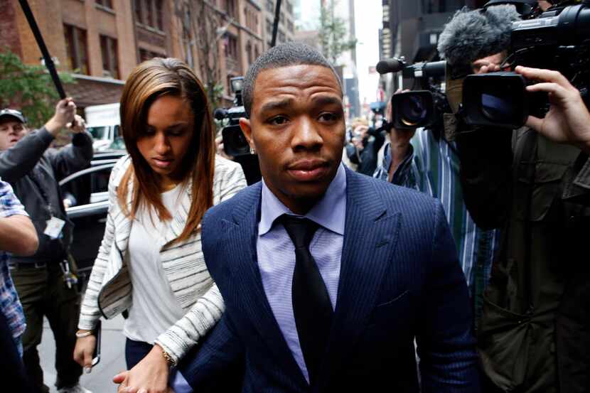 FILE - In this Nov. 5, 2014, file photo, Ray Rice arrives with his wife Janay Palmer for an...