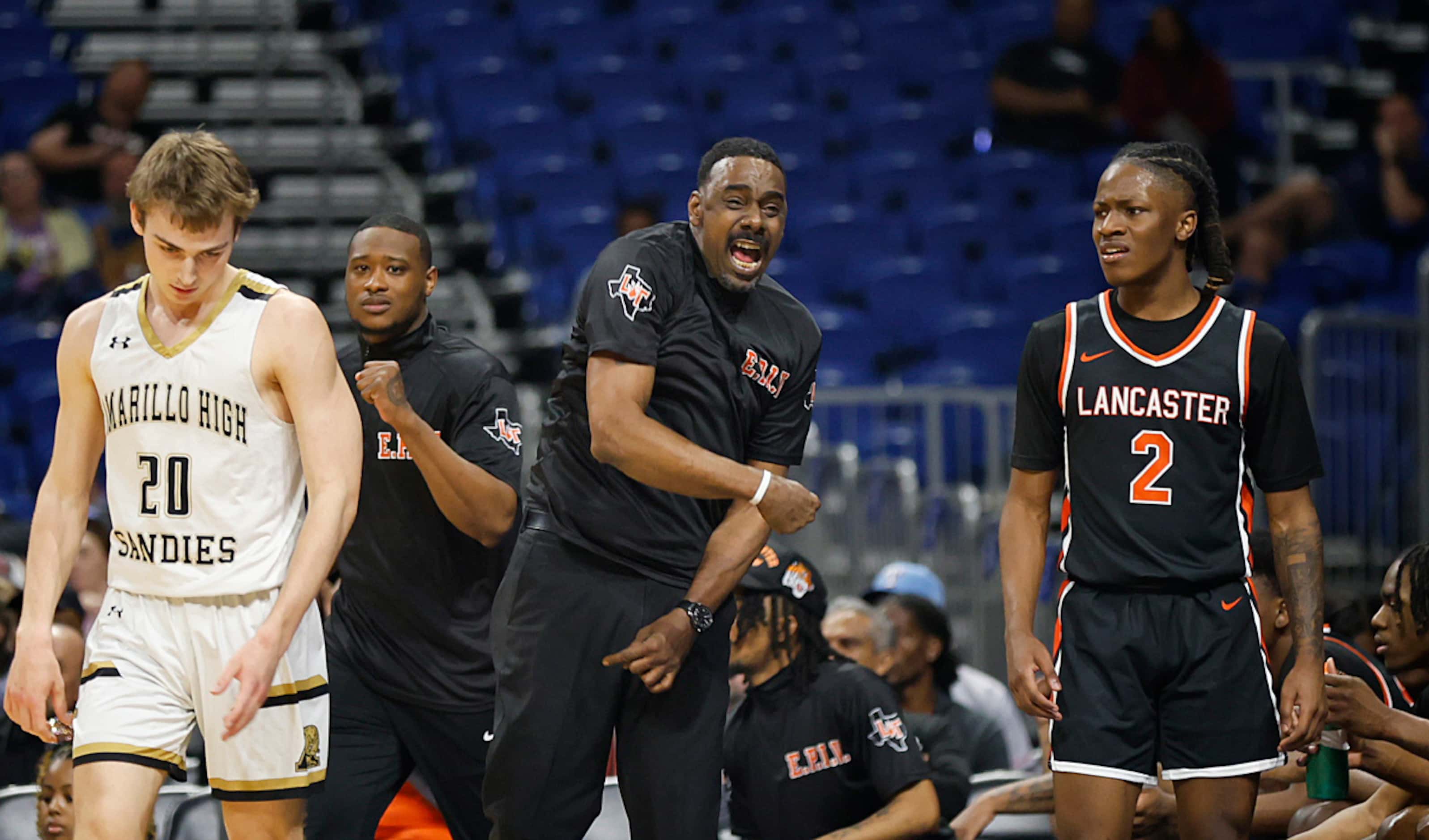 Lancaster head coach Ferrin Douglas reacts after an Amarillo turnover in the first half of a...