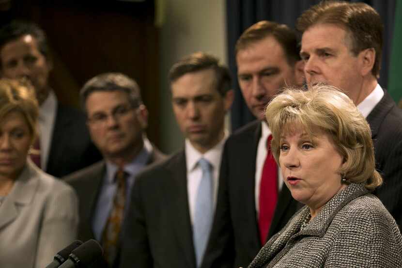  Sen. Jane Nelson, right, R-Flower Mound, was joined by Lt. Governor Dan Patrick, top right,...