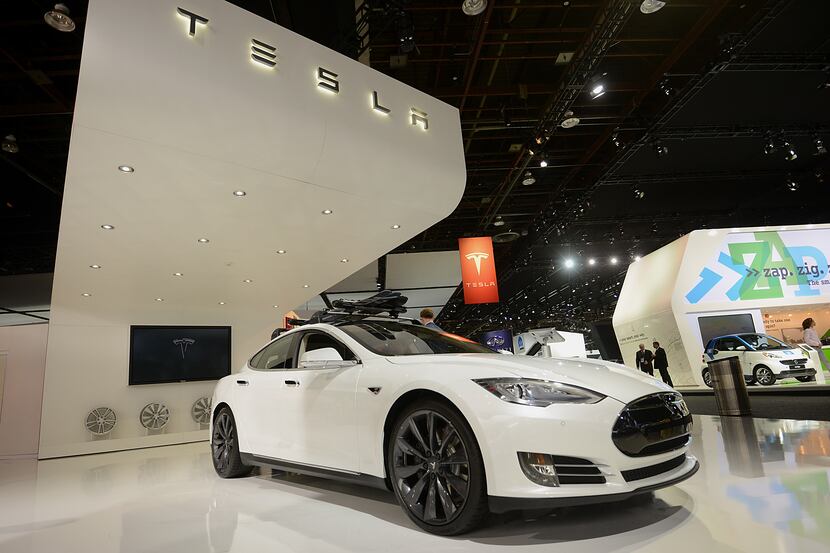 The Tesla Motors Inc. Model S sedan is displayed during the 2014 North American...