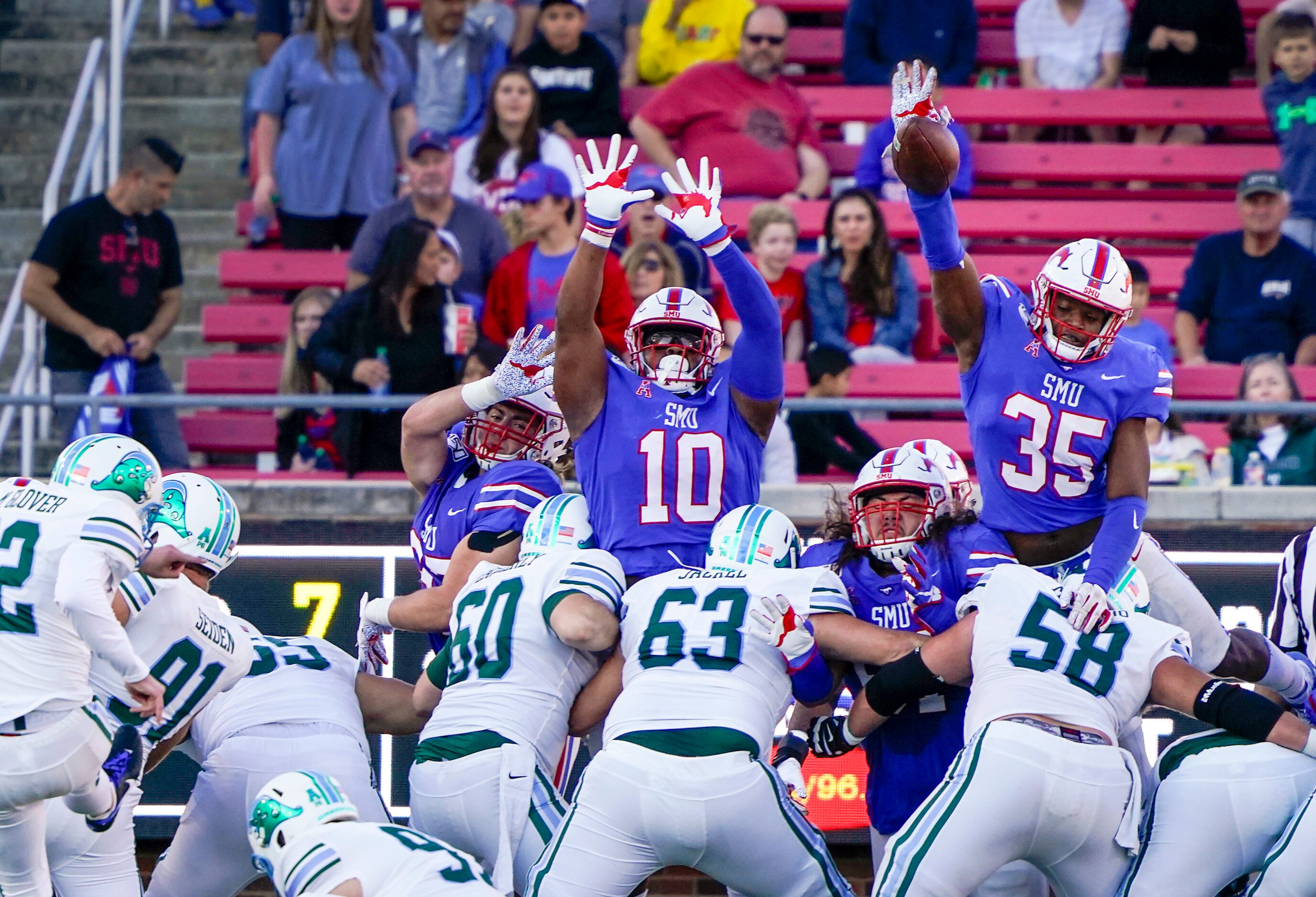 SMU defensive end Delontae Scott (35) blocks a field goal attempt by Tulane place kicker...