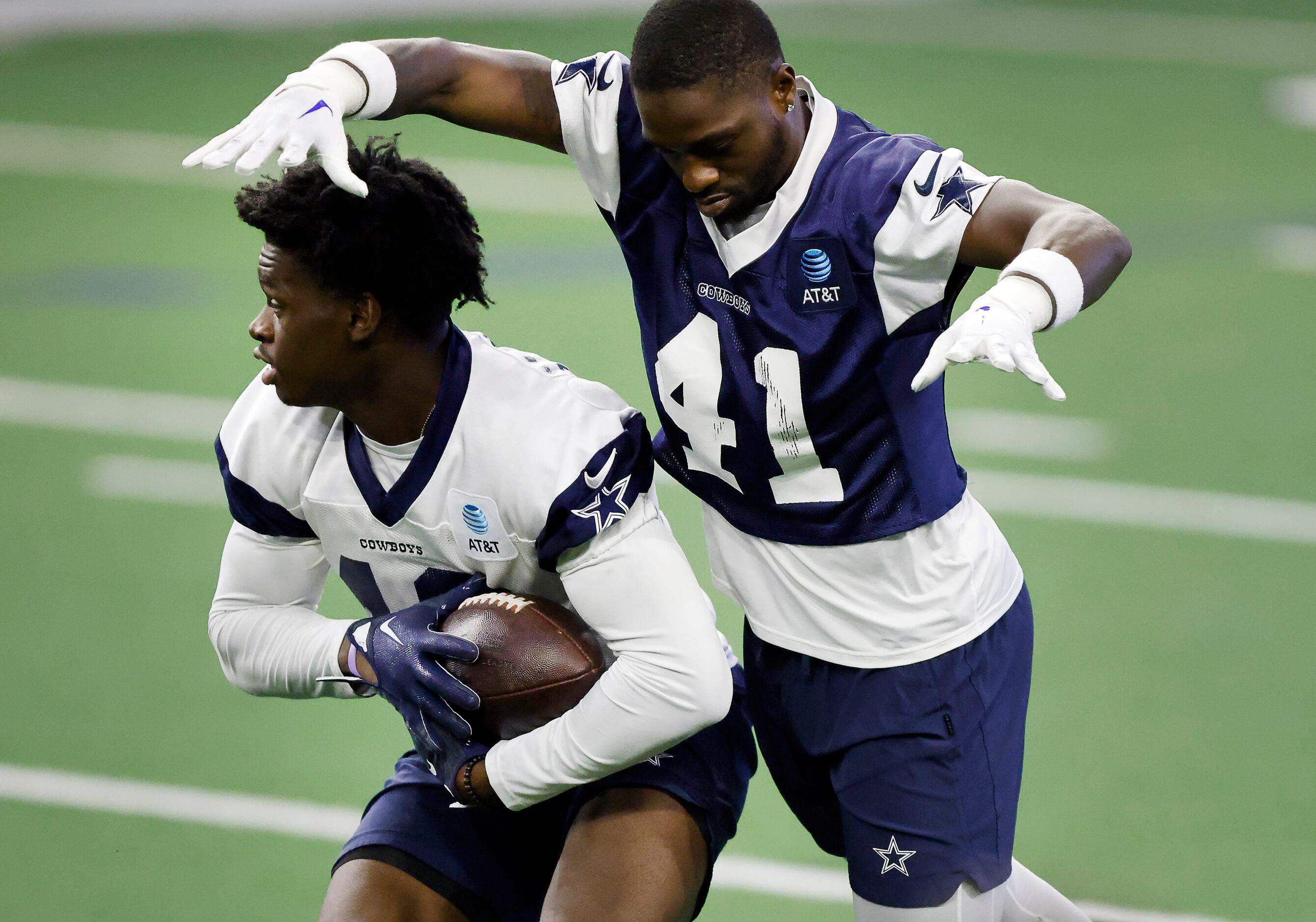 Dallas Cowboys safety Markquese Bell (41) comes over the top to cover rookie tight end John...