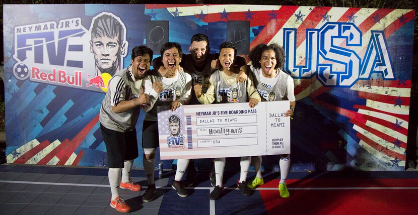 Team Hooligan, Men's Neymar Jr's 5v5 Tournament winners, pose for a photo in Richardson,...