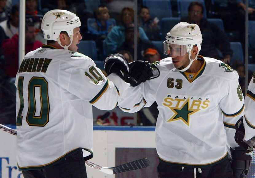 Brenden Morrow #10 of the Dallas Stars celebrates his first period goal against the New York...