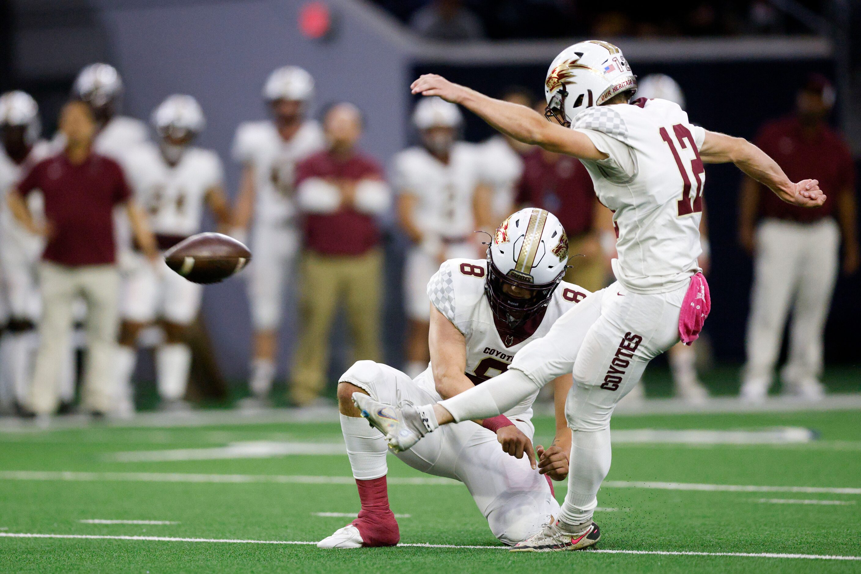 Frisco Heritage kicker Jacob Culpepper (12) converts on a field goat attempt during the...