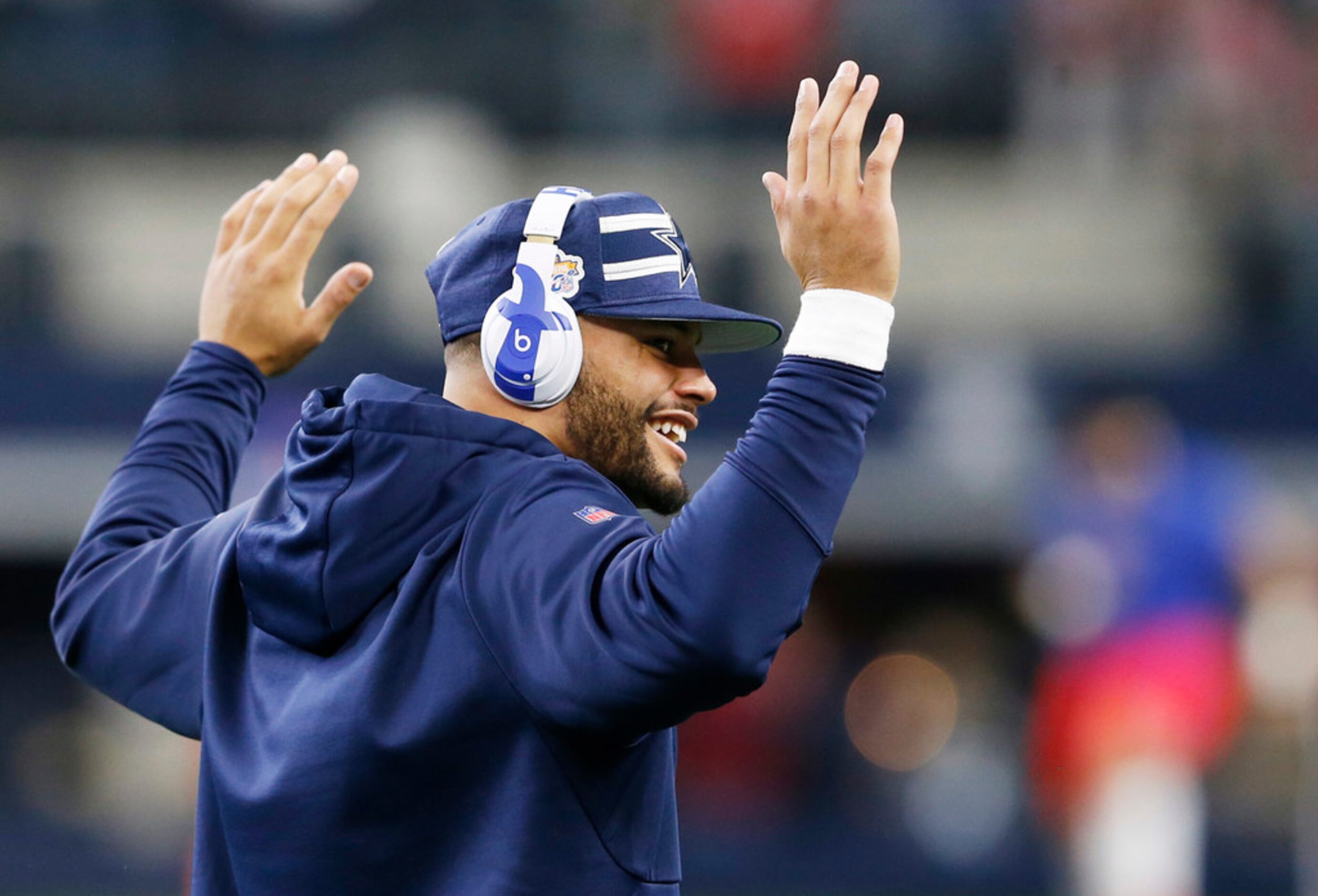 Dallas Cowboys quarterback Dak Prescott (4) stretches before a game against the Buffalo...