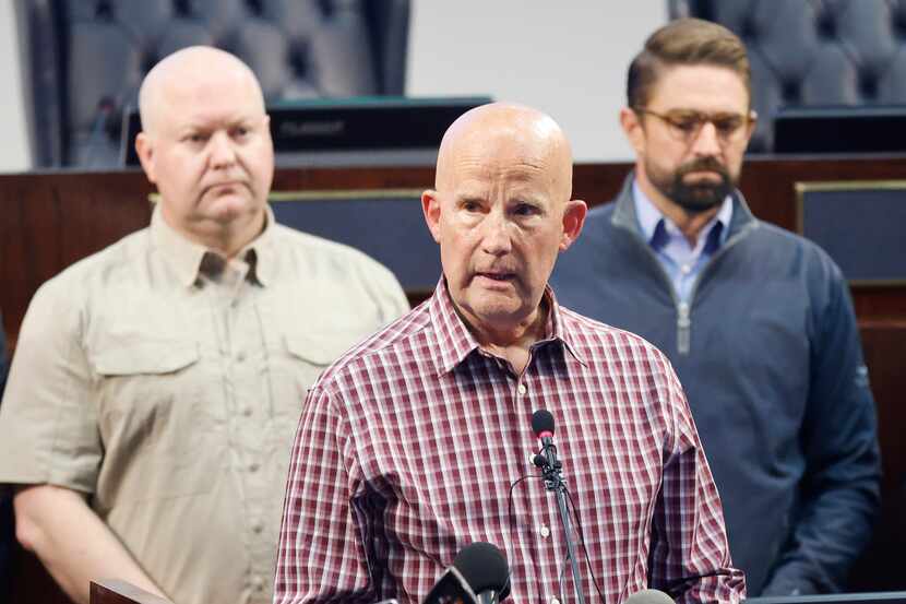 U.S. Rep. Keith Self, who represents Allen, speaks at a press conference Saturday about the...