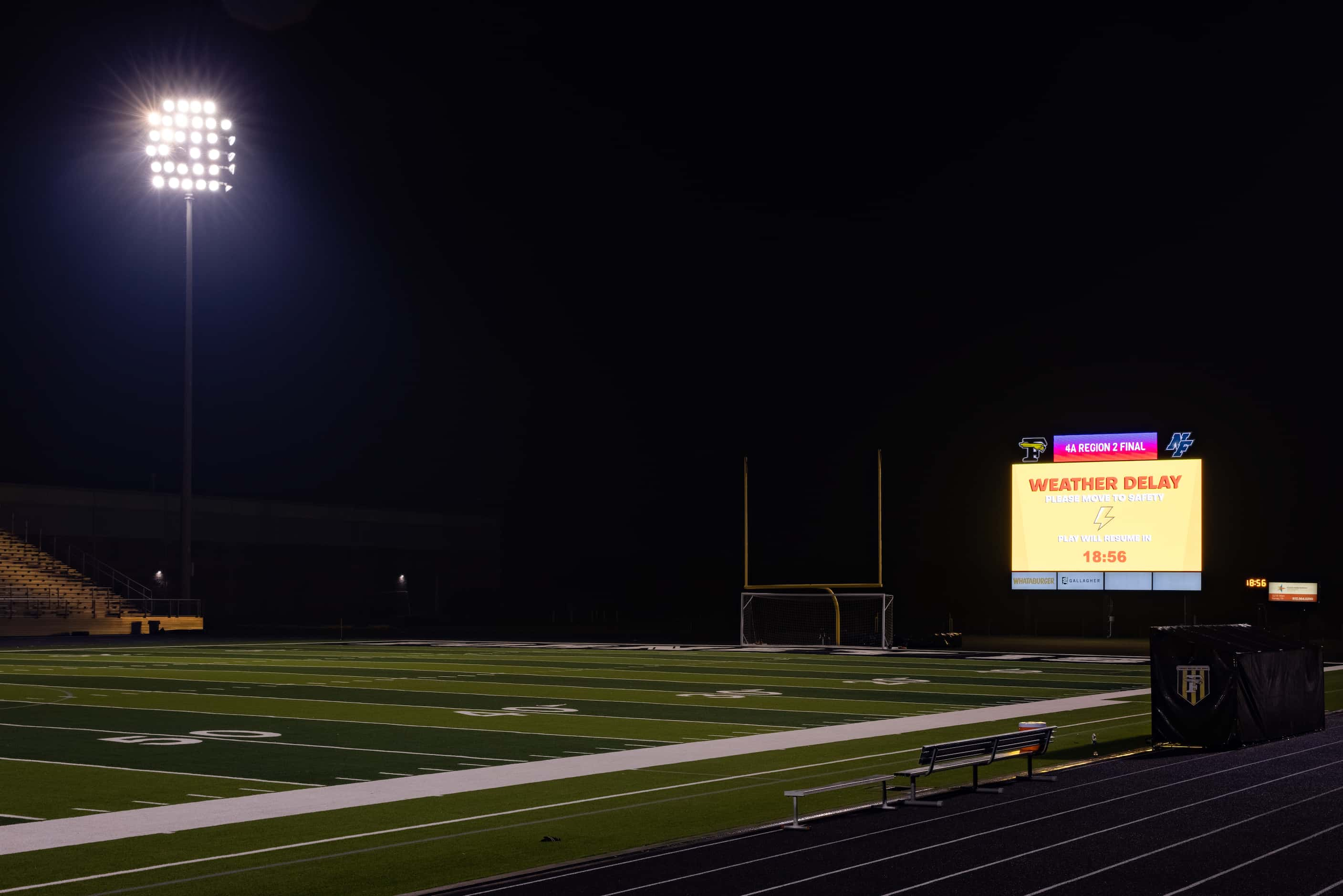 The empty soccer field during the weather delay before the Celina against Palestine boys...