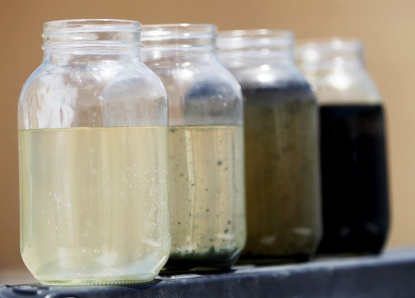 Recycled fracking water shown in the various stages from finished to beginning on land owned...