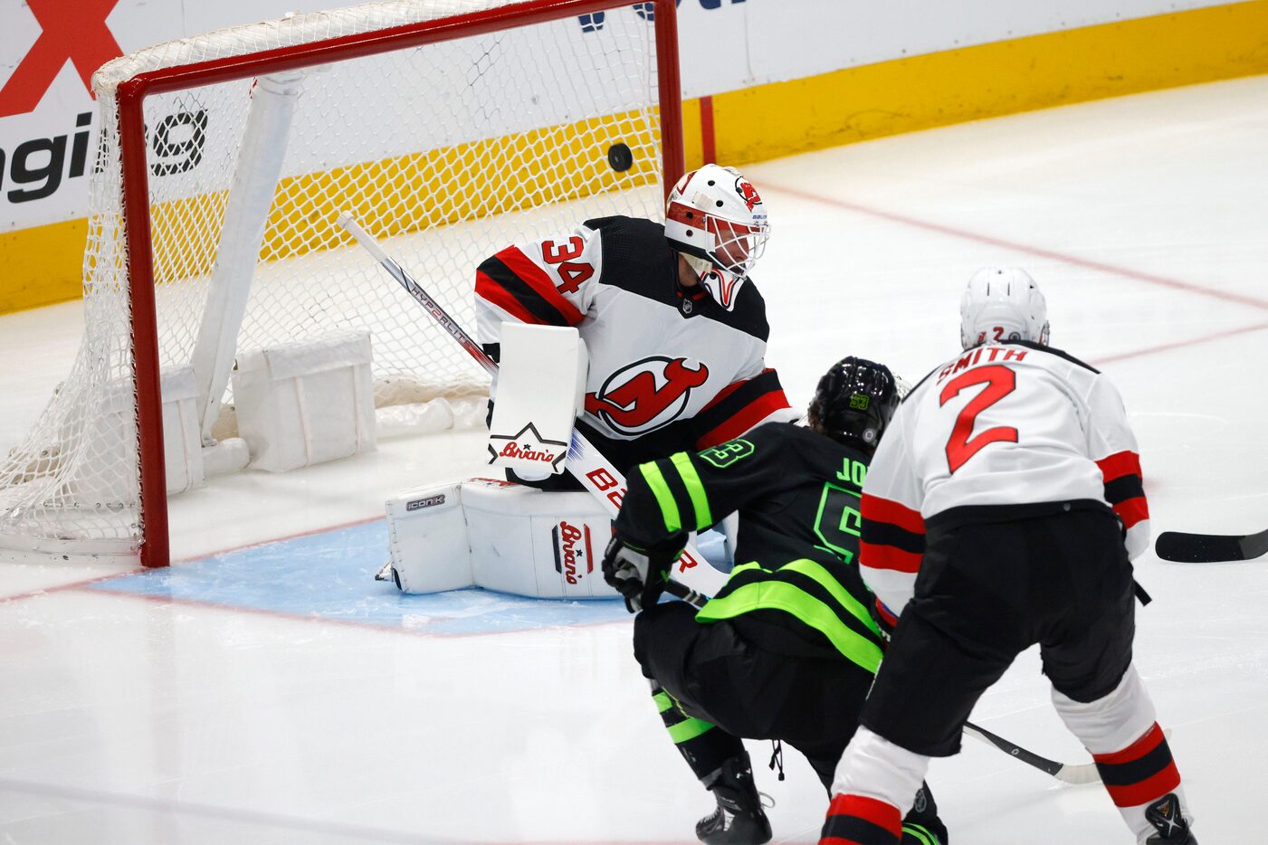 Dallas Stars center Wyatt Johnston (53) scores a goal against New Jersey Devils goaltender...