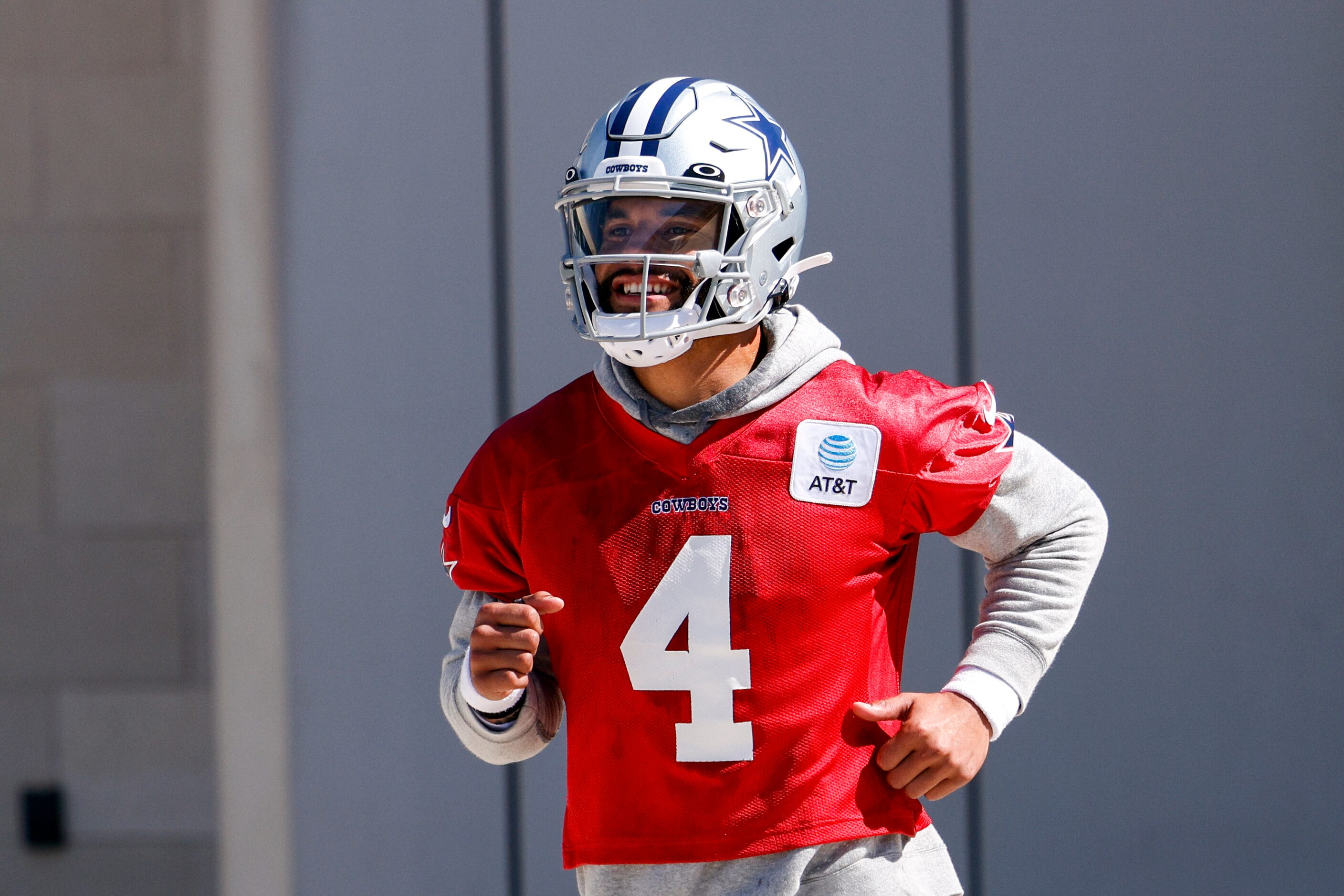 Dallas Cowboys quarterback Dak Prescott (4) takes to the field during a practice at The...