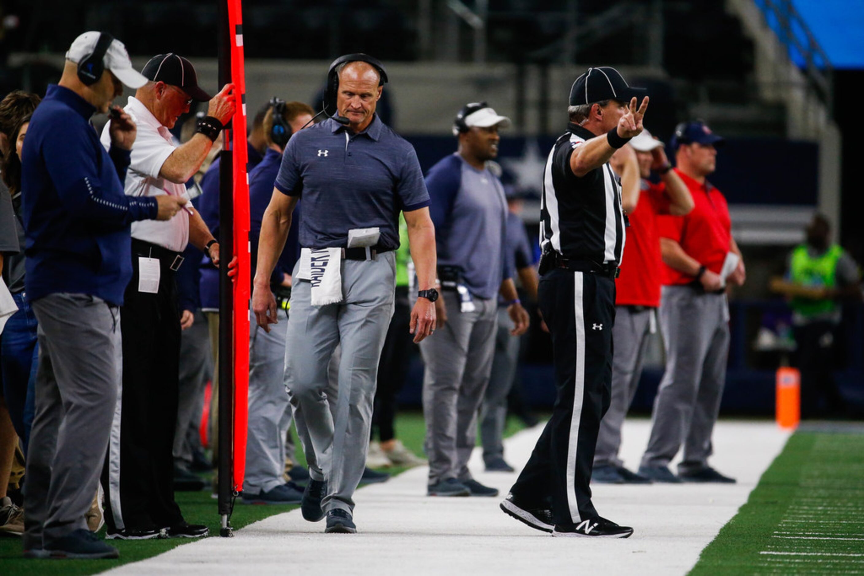 Denton Ryan head coach on the sideline in the first quarter of a Class 5A Division I state...