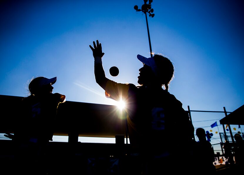  Frisco's Valerie Bennett (5, left) and Taylor Trosclair (8) reach to hit a hacky sack as...