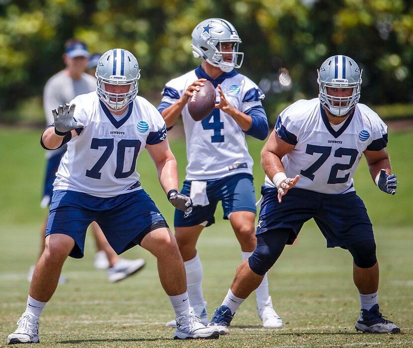 Dallas Cowboys quarterback Dak Prescott (4) throws a pass behind offensive guard Zack Martin...