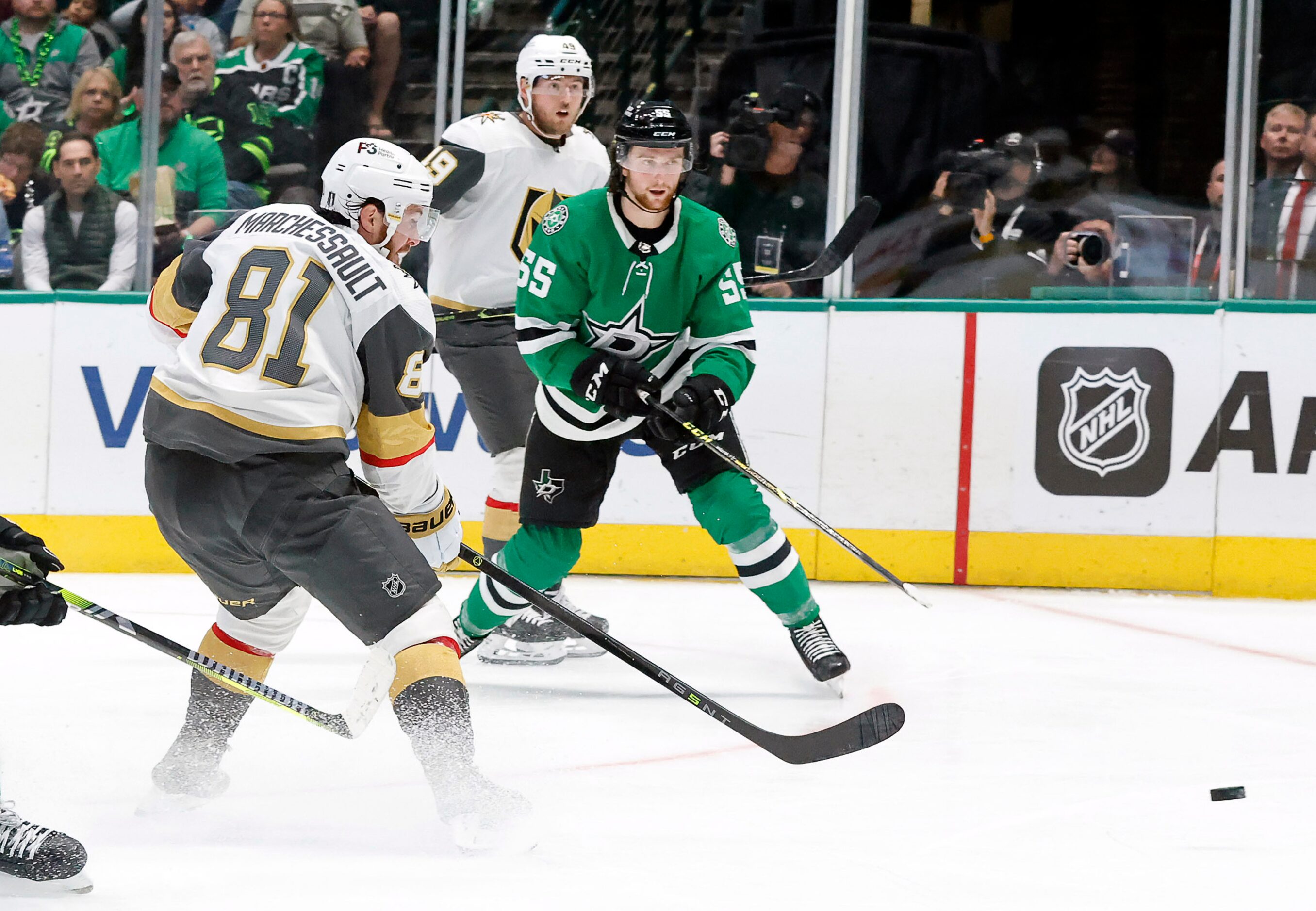 Vegas Golden Knights right wing Jonathan Marchessault (81) shoots and scores on Dallas Stars...