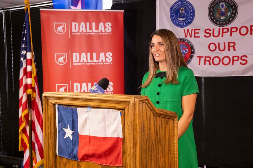 Lauren Davis, candidate for Dallas County Judge, speaks during a press event introducing...