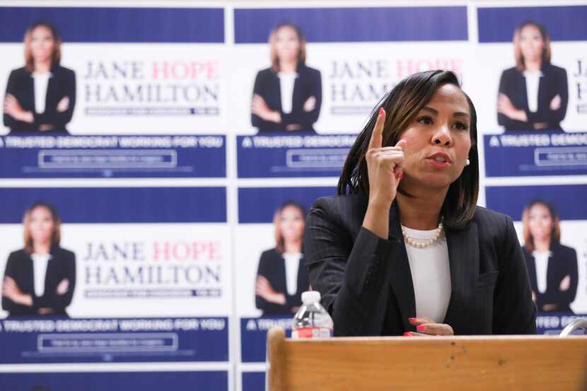 Jane Hamilton, candidate for the District 30 race, speaks at her town hall at the...