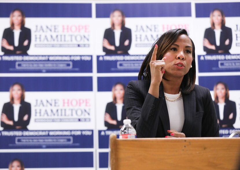 Jane Hamilton, candidate for the District 30 race, speaks at her town hall at the...