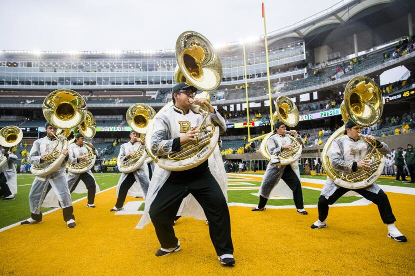 The Baylor Bears band performs after a 45-27 win over the Iowa State Cyclones after their...