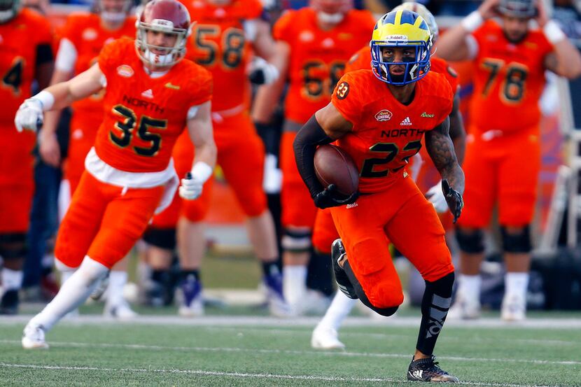 North safety Nasir Adderley, of Delaware, returns an interception during the second half of...