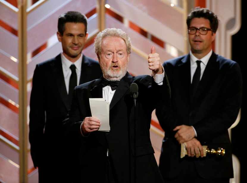 In this image released by NBC, Ridley Scott accepts the award for best motion picture comedy...