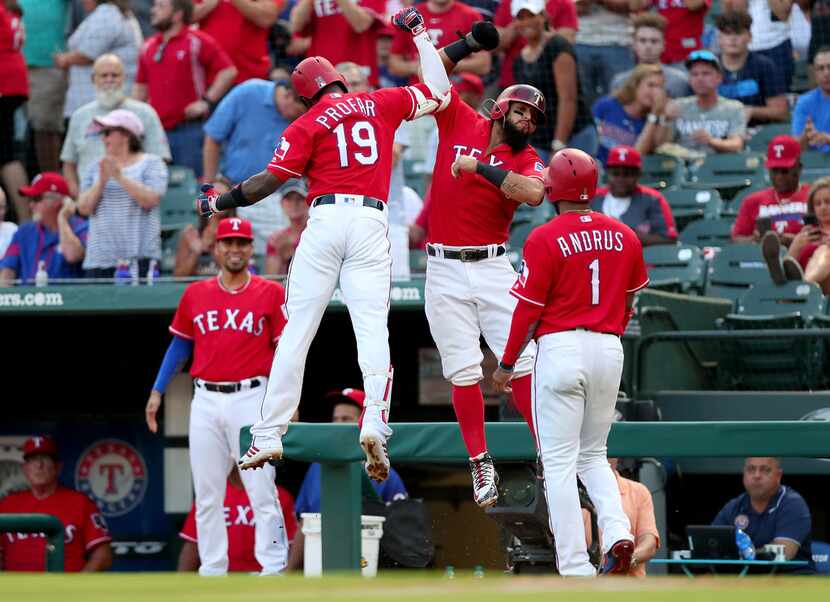 ARLINGTON, TX - AUGUST 02:  Jurickson Profar #19 of the Texas Rangers celebrates with...