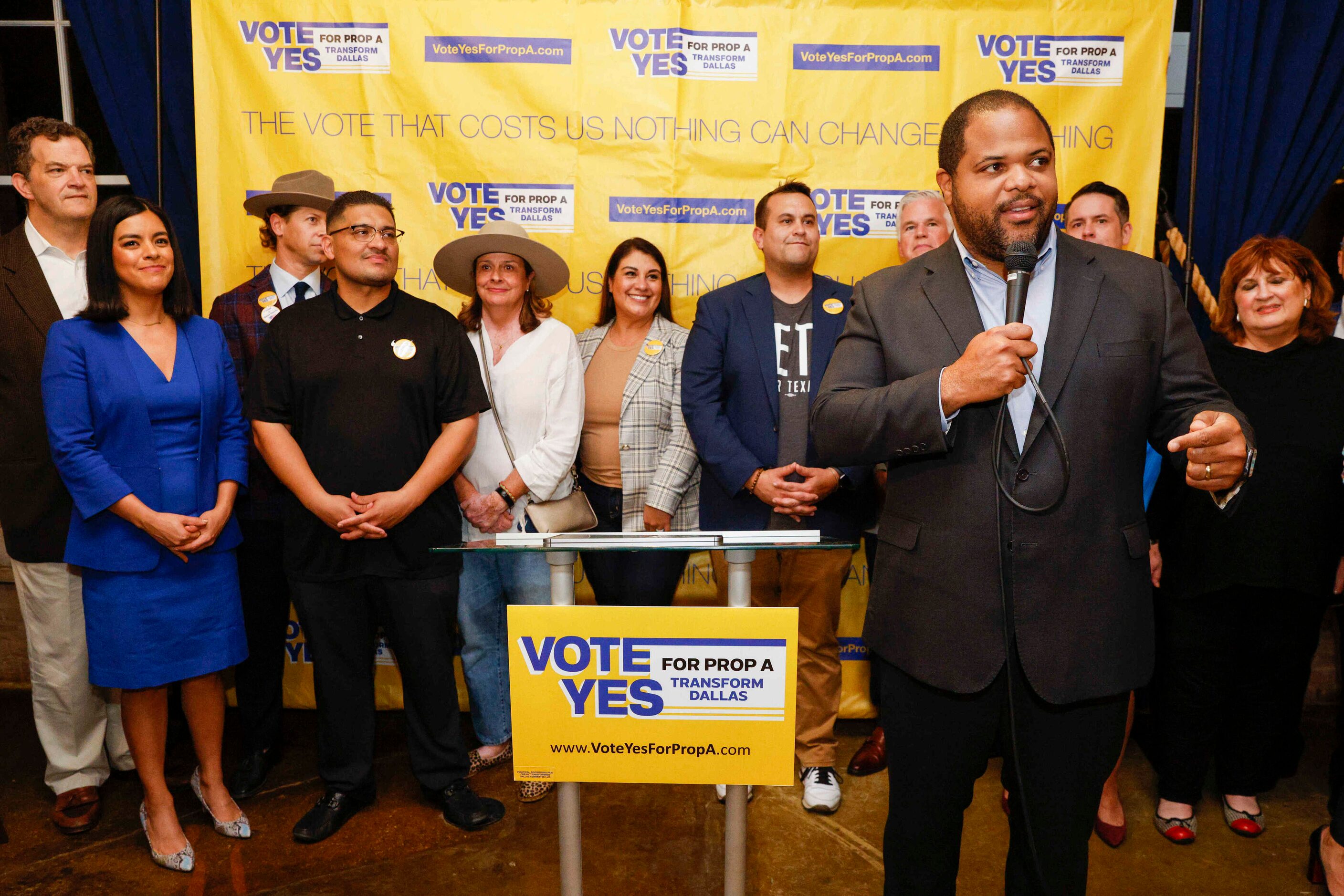 Dallas Mayor Eric Johnson address supporters and community leaders after the apparent...