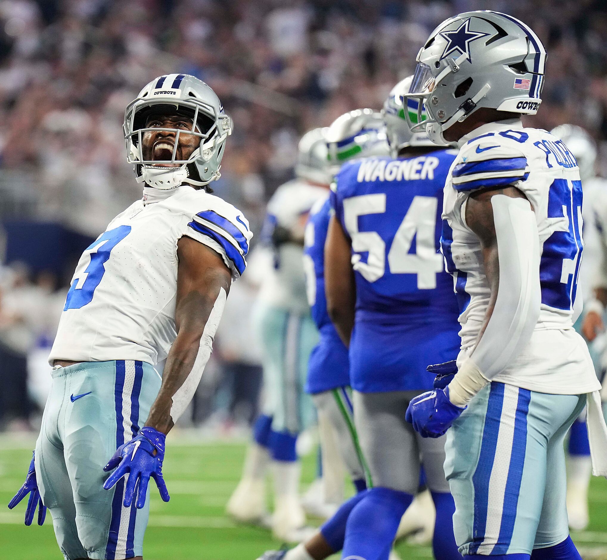 Dallas Cowboys wide receiver Brandin Cooks (3) celebrates after catching a 7-yard touchdown...