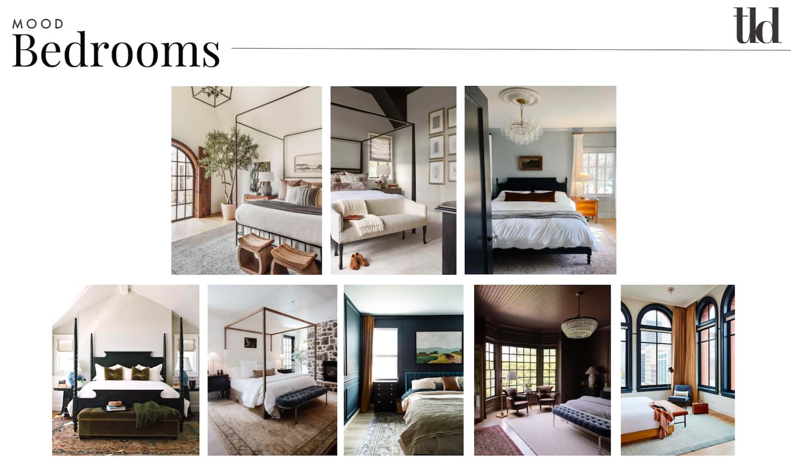 Mood board showing bedrooms with cozy, warm elements, as well as moody colors, bold...