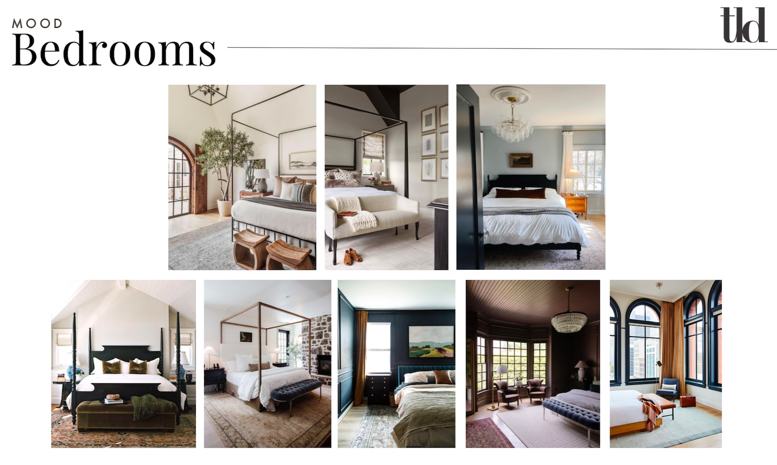 Mood board showing bedrooms with cozy, warm elements, as well as moody colors, bold...