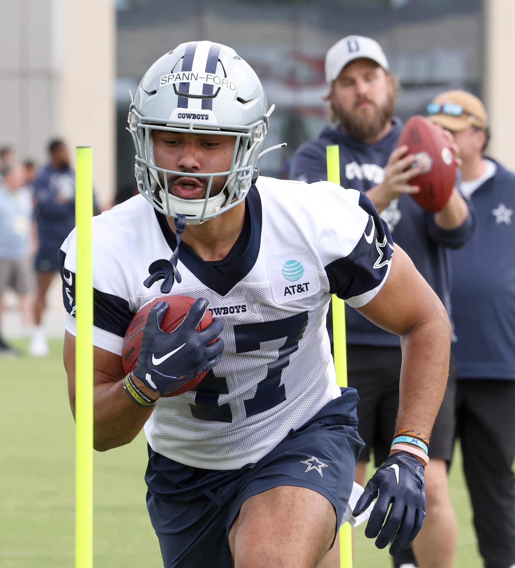 Dallas Cowboys tight end Brevyn Spann-Ford (47) weaves his way through a drill. The Cowboys'...