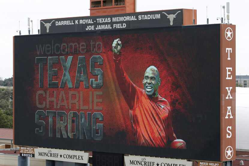 A welcome sign is displayed on the scoreboard at Darrell K Royal Texas Memorial Stadium for...
