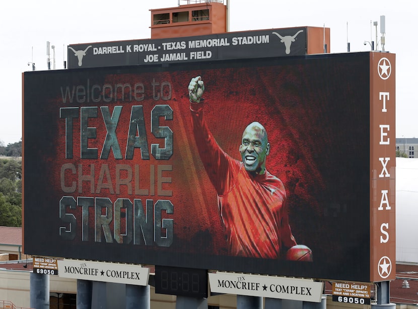 A welcome sign is displayed on the scoreboard at Darrell K Royal Texas Memorial Stadium for...