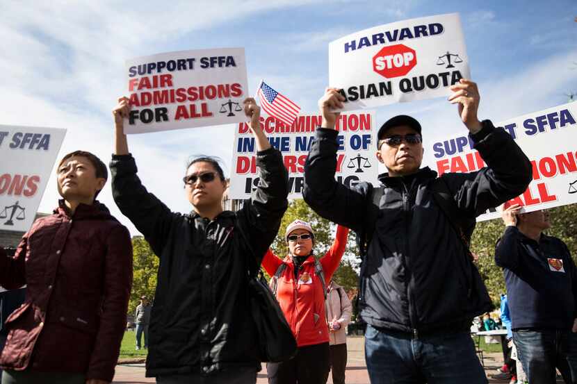 Supporters of Students for Fair Admissions' lawsuit against Harvard University rally in...