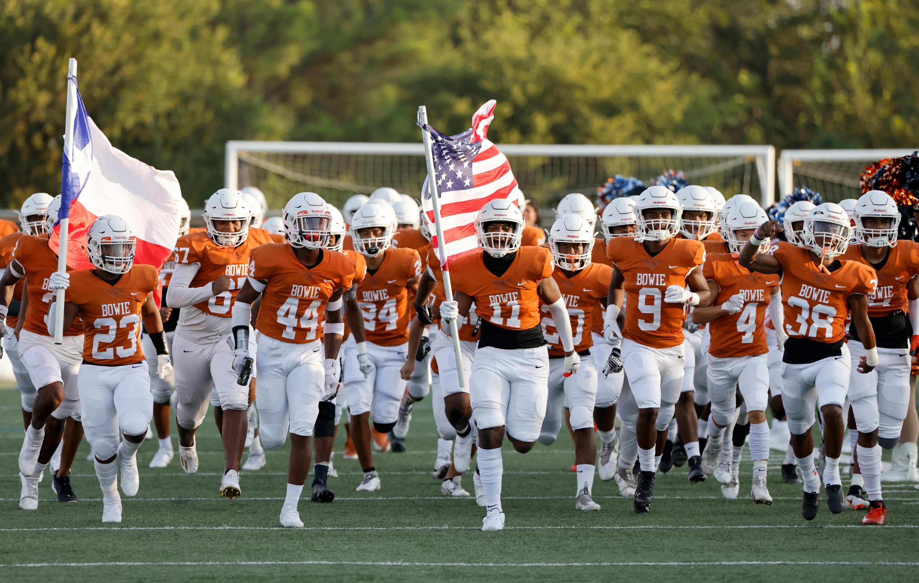 Arlington Bowie takes the field before playing DeSoto Friday Sept. 3, 2021, in Arlington....