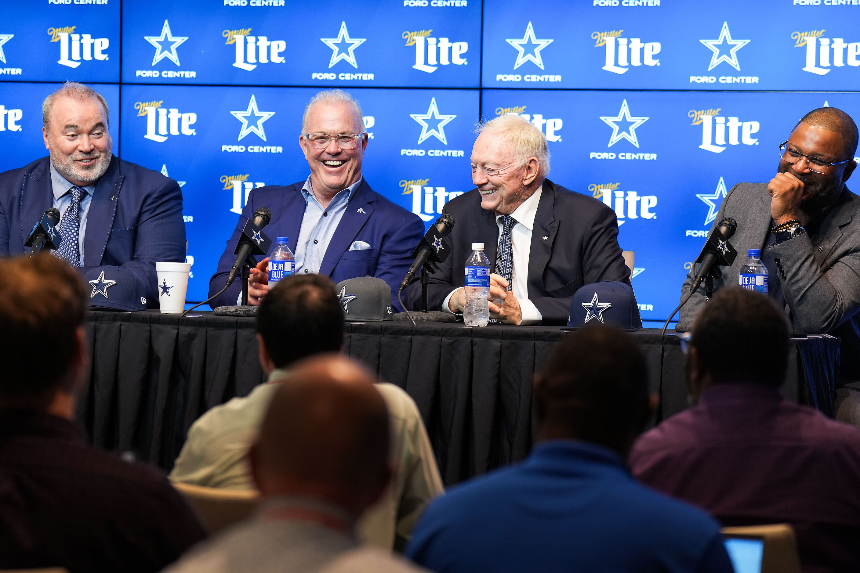 From left, Dallas Cowboys head coach Mike McCarthy, executive vice president Stephen Jones,...